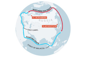 A map  showing Russia's Northern Sea Route and the existing primary trade route through the Suez Canal. 
