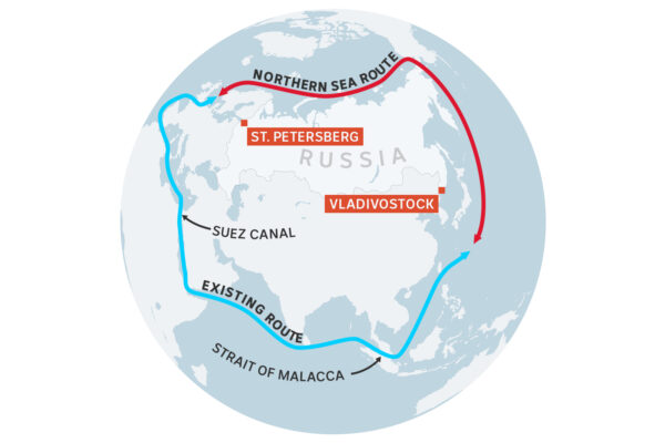 A map  showing Russia's Northern Sea Route and the existing primary trade route through the Suez Canal. 