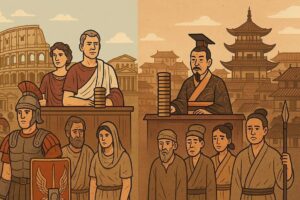 Ancient Roman and Chinese historical leaders depicted in a split image scene.
