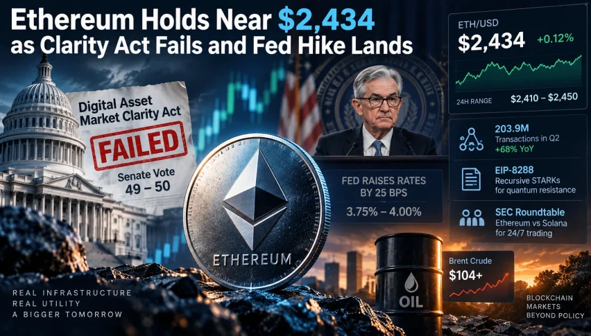 Ethereum Holds Near $2,434 as Clarity Act Fails and Fed Hike Lands