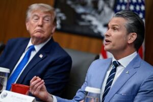 FILE PHOTO: U.S. President Donald Trump listens as Secretary of Defense Pete Hegseth speaks during a cabinet meeting at Camp David in Thurmont, Maryland, U.S., July 31, 2026. REUTERS/Daniel Heuer/File Photo (REUTERS)