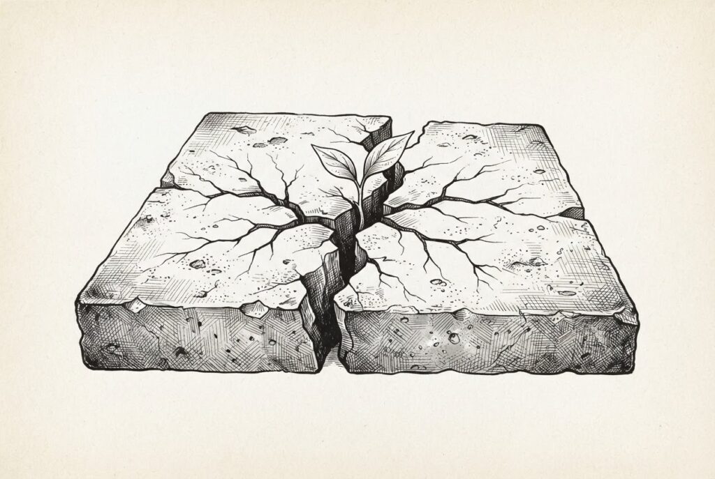 A concrete slab cracked through its center with a small plant shoot emerging from the fracture - export controls fracturing under the pressure of indigenous capability breaking through