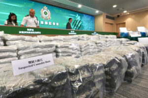 Customs officers display the seized cannabis at the department headquarters in North Point, Hong Kong. (Photo: South China Morning Post)