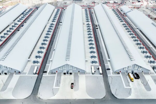 Large tent-like structures under construction for Meta's expanding artificial intelligence data center in New Albany, Ohio, on July 31, 2026.