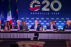 Treasury Secretary Scott Bessent, center, Federal Reserve Chairman Kevin Warsh, JPMorgan Chase CEO Jamie Dimon and Goldman Sachs CEO David Solomon at the G-20 summit in Asheville, N.C.