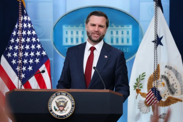 Vice President JD Vance speaks during a news briefing.